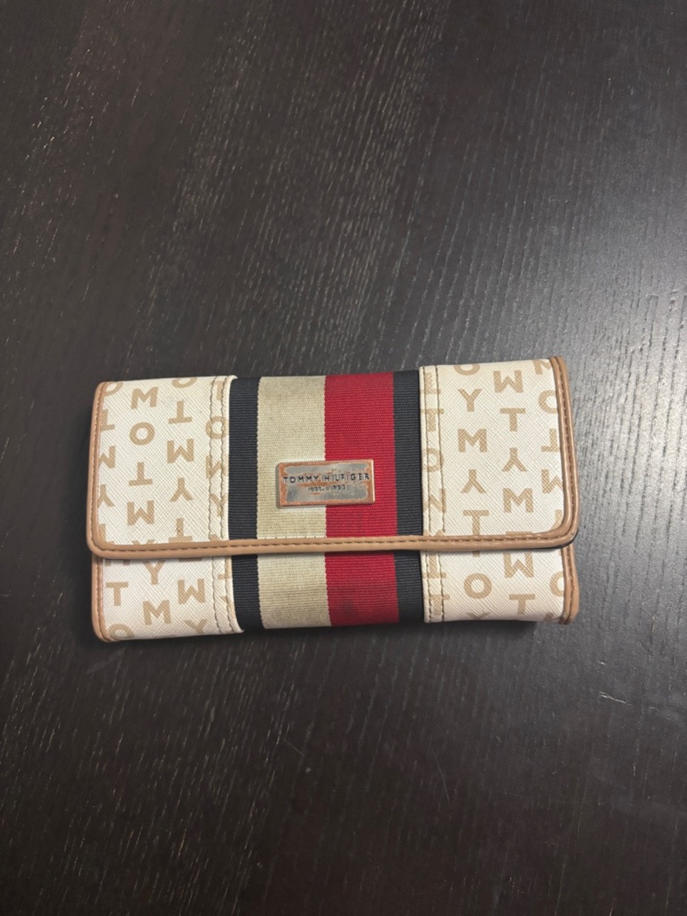 Tommy Hilfiger Beige Logo Trifold Wallet with Red & Navy Stripe